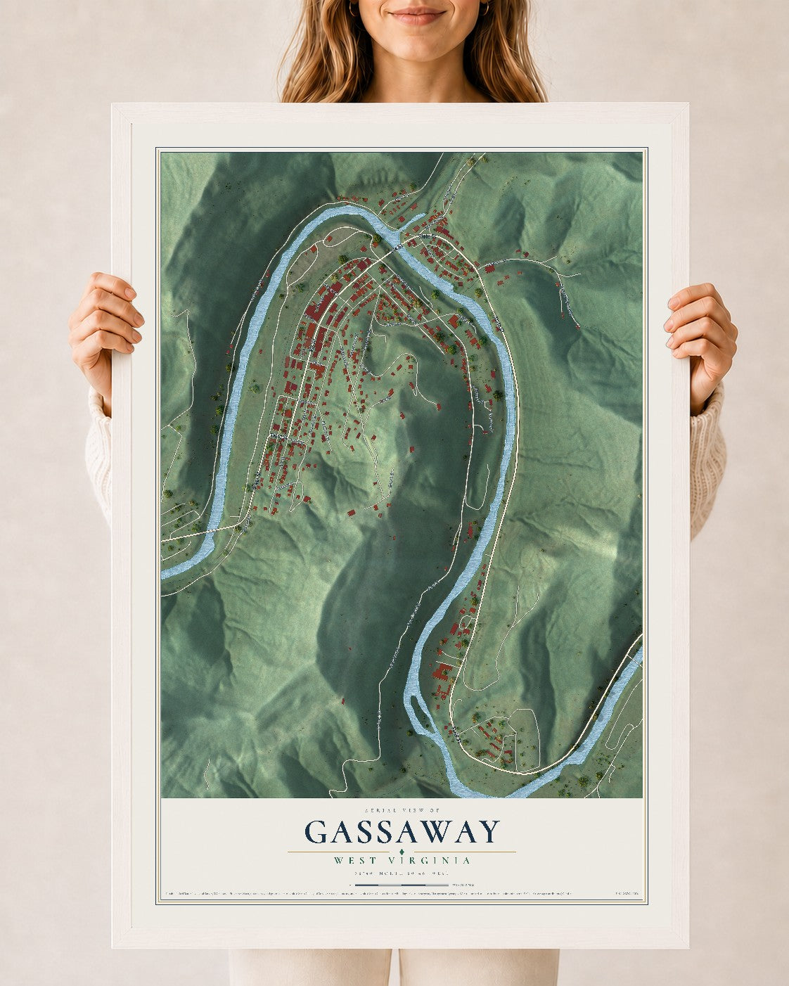 Map of Gassaway, West Virginia, 24 x 36 inch print in a white wood frame