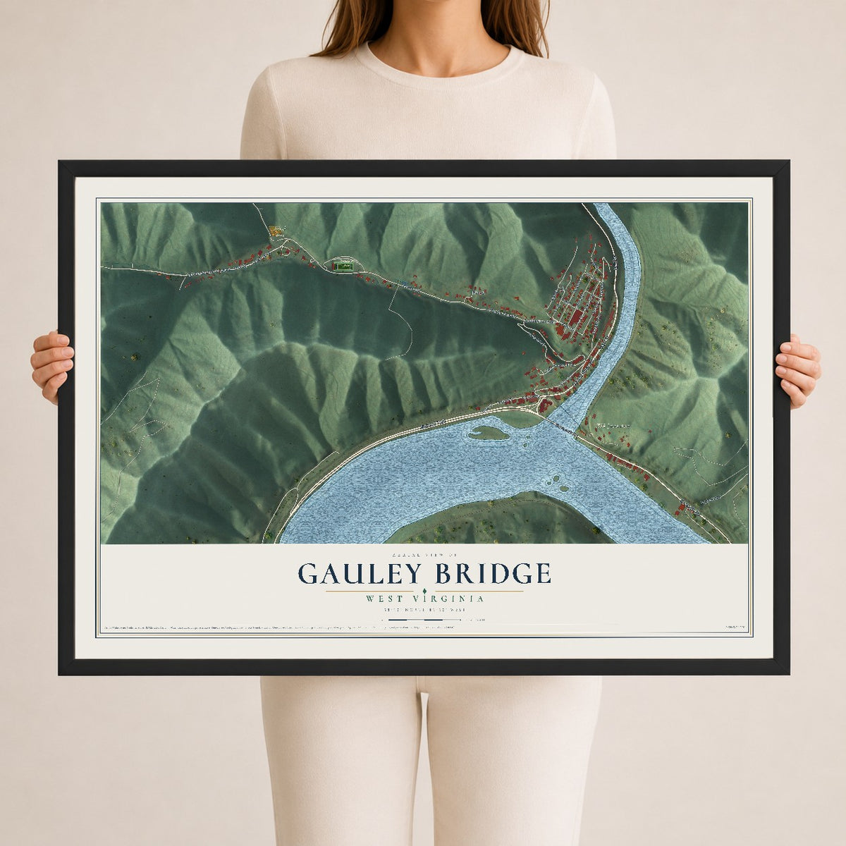 Map of Gauley Bridge, West Virginia, 24 x 36 inch print in a black wood frame