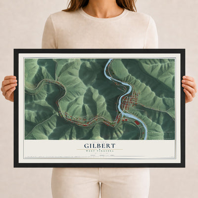Map of Gilbert, West Virginia, 12 x 18 inch print in a black wood frame