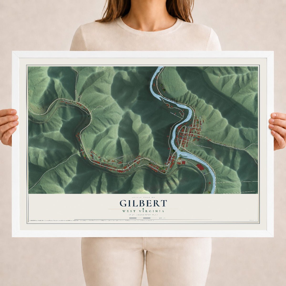 Map of Gilbert, West Virginia, 18 x 24 inch print in a white wood frame