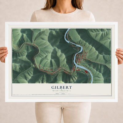 Map of Gilbert, West Virginia, 18 x 24 inch print in a white wood frame