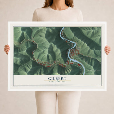 Map of Gilbert, West Virginia, 24 x 36 inch print in a white wood frame