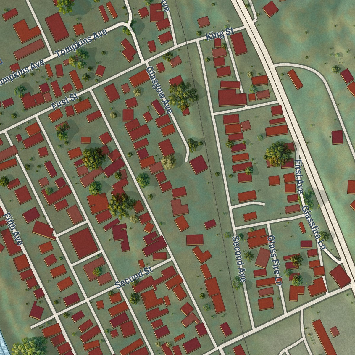 Close-up of the map of Glasgow, West Virginia print showing street and building detail