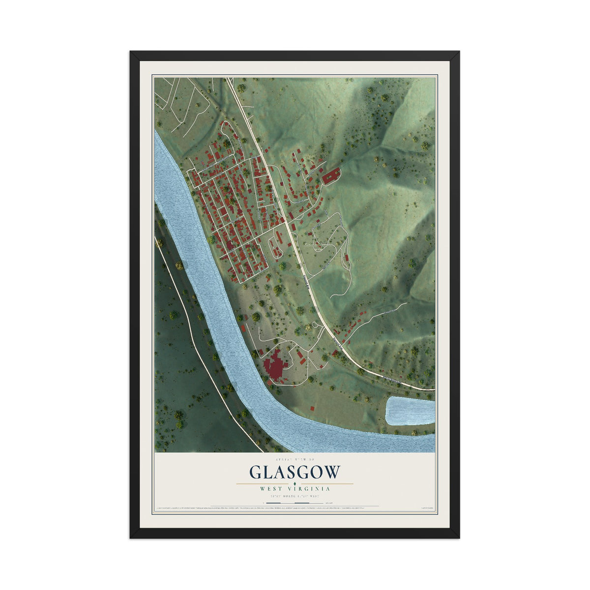 Map of Glasgow, West Virginia, 12 x 18 inch print in a black wood frame