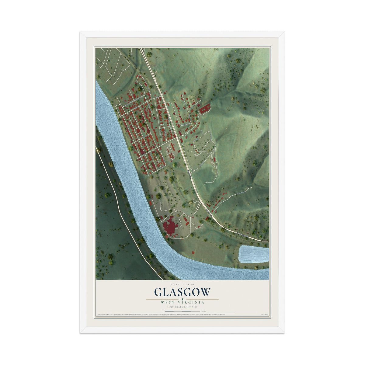 Map of Glasgow, West Virginia, 12 x 18 inch print in a white wood frame