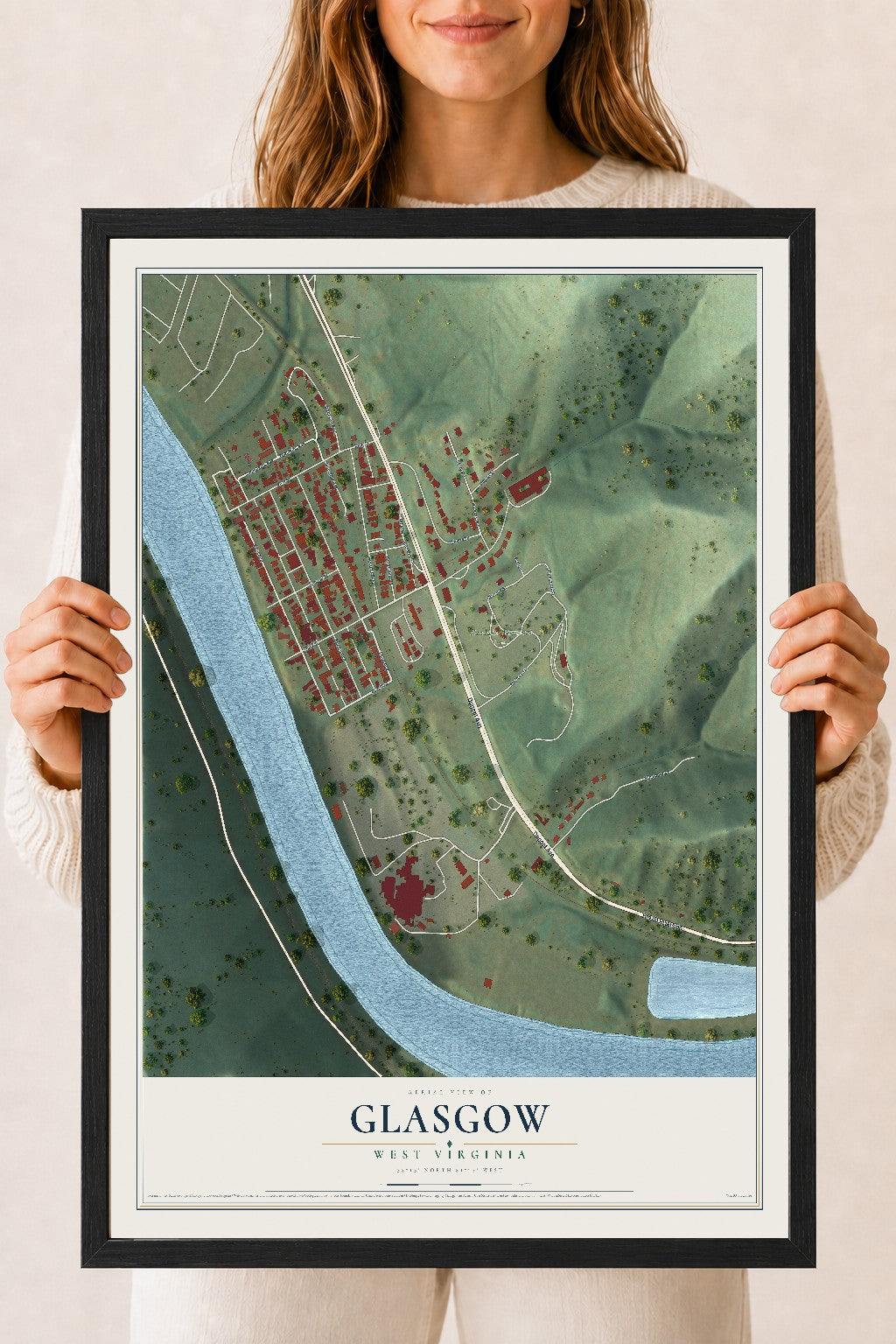 Map of Glasgow, West Virginia, 18 x 24 inch print in a black wood frame