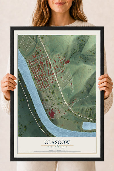 Map of Glasgow, West Virginia, 18 x 24 inch print in a black wood frame