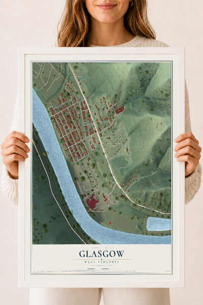 Map of Glasgow, West Virginia, 18 x 24 inch print in a white wood frame