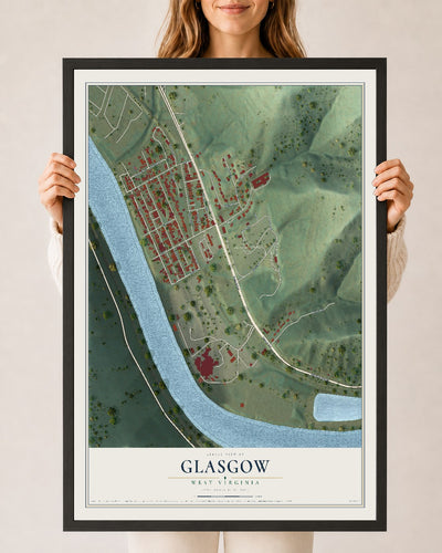 Map of Glasgow, West Virginia, 24 x 36 inch print in a black wood frame