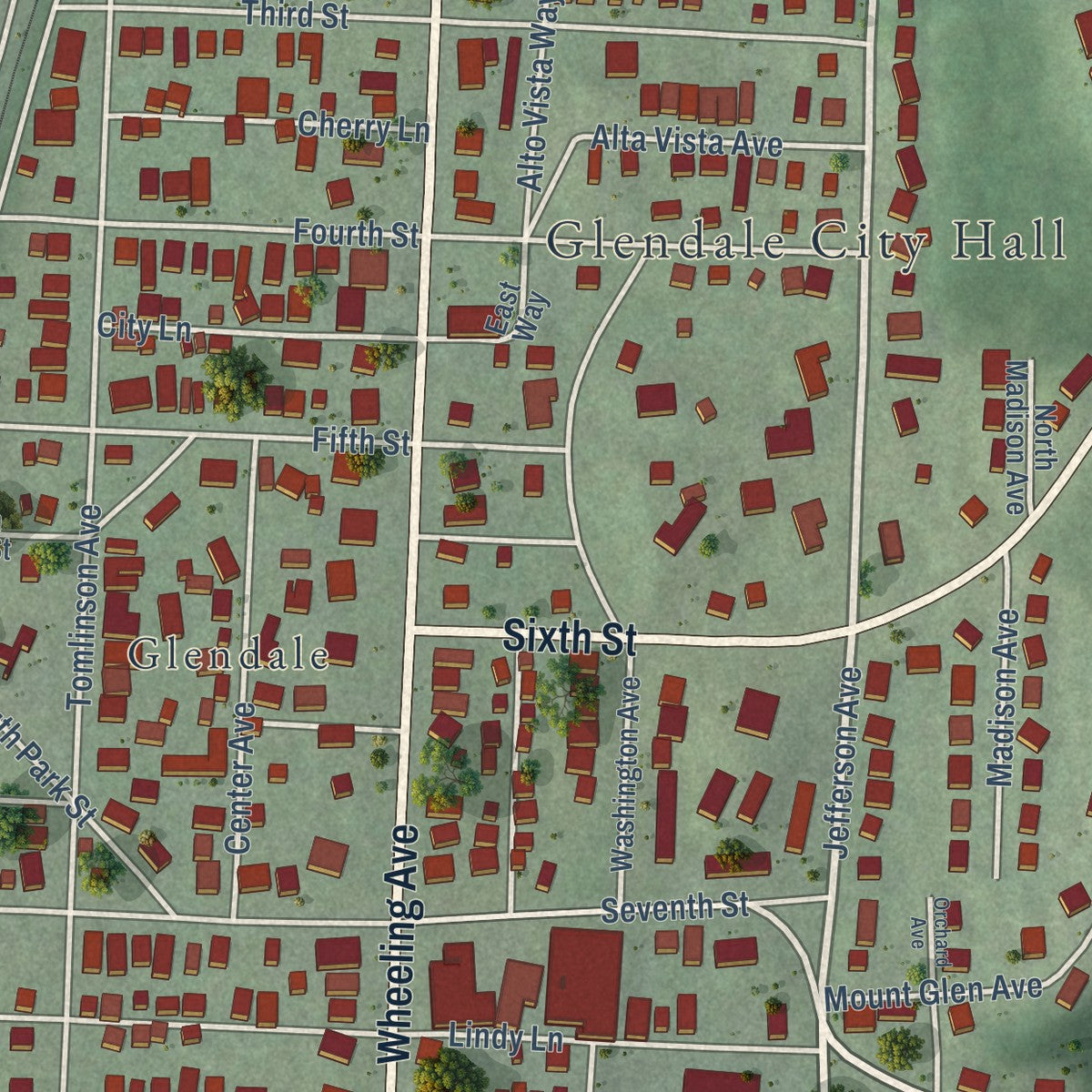 Close-up of the map of Glen Dale, West Virginia print showing street and building detail