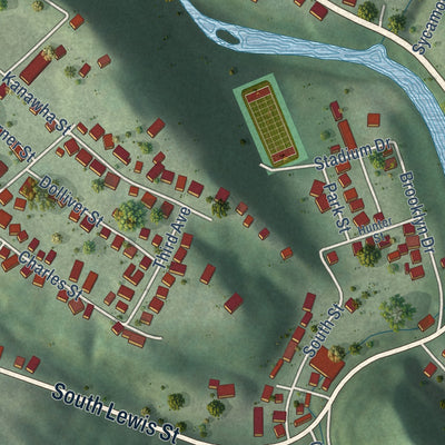 Second close-up of the map of Glenville, West Virginia print showing more streets and buildings
