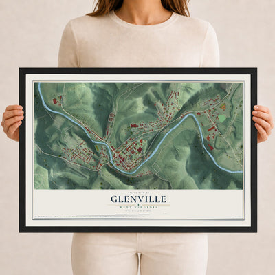 Map of Glenville, West Virginia, 12 x 18 inch print in a black wood frame