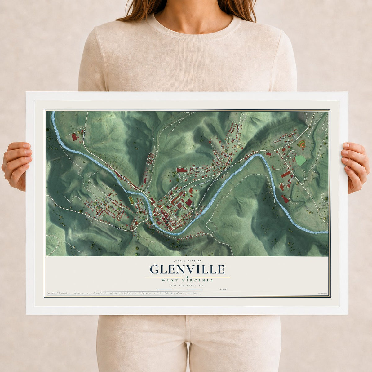 Map of Glenville, West Virginia, 12 x 18 inch print in a white wood frame