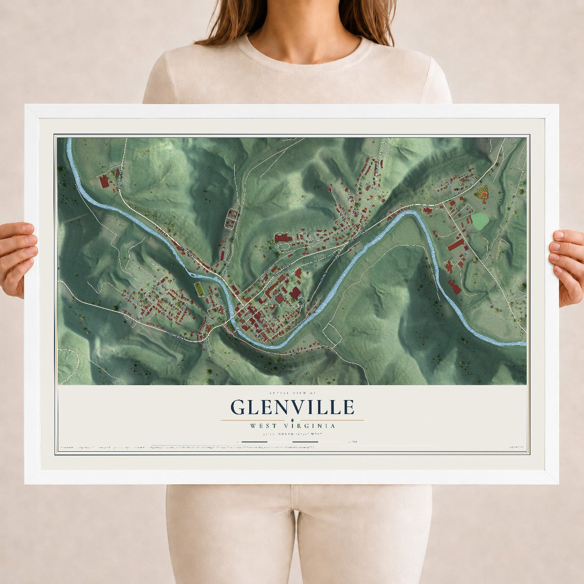 Map of Glenville, West Virginia, 18 x 24 inch print in a white wood frame