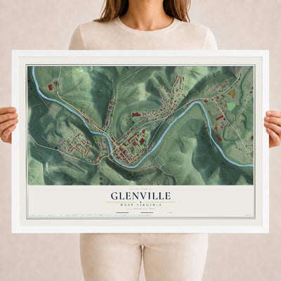Map of Glenville, West Virginia, 18 x 24 inch print in a white wood frame