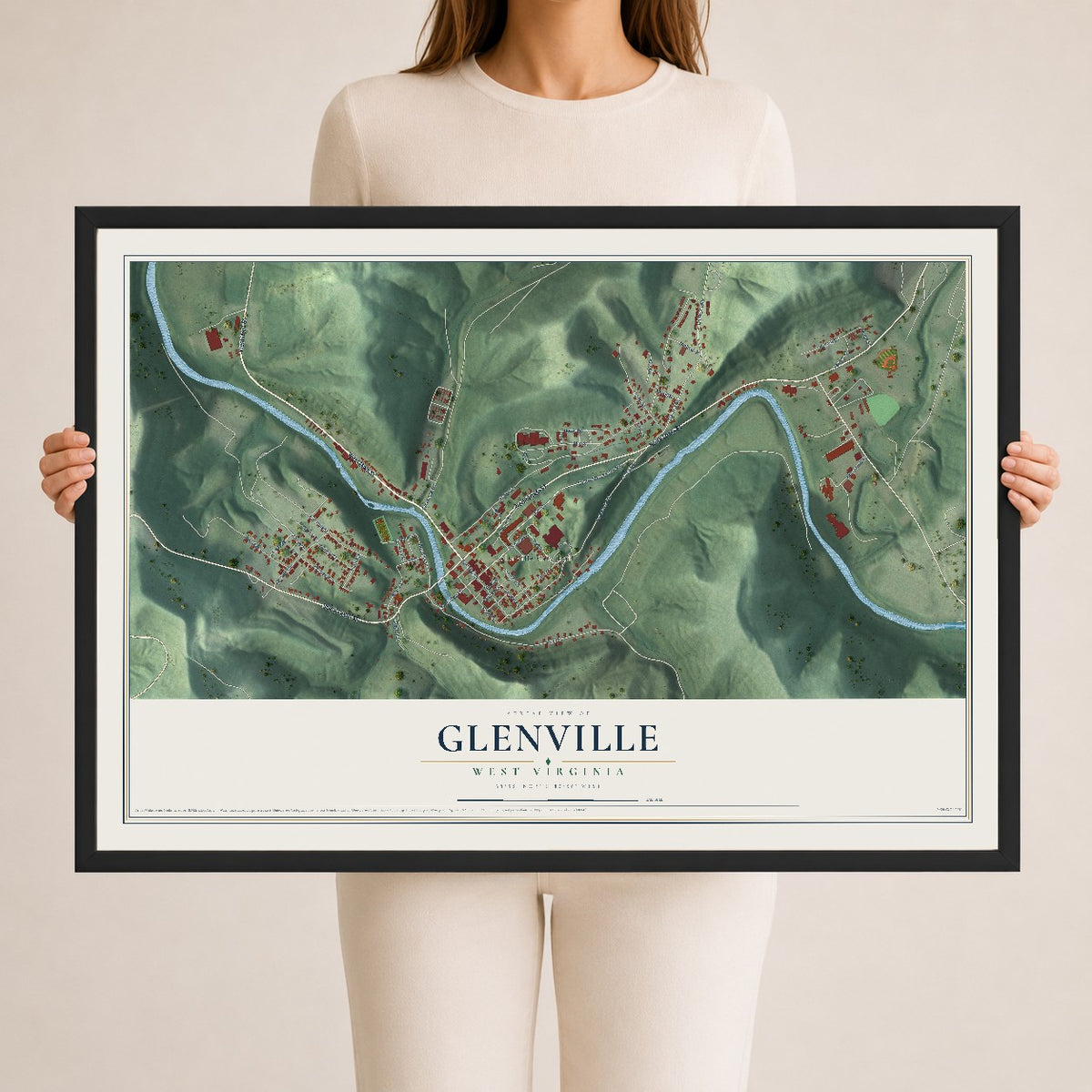 Map of Glenville, West Virginia, 24 x 36 inch print in a black wood frame