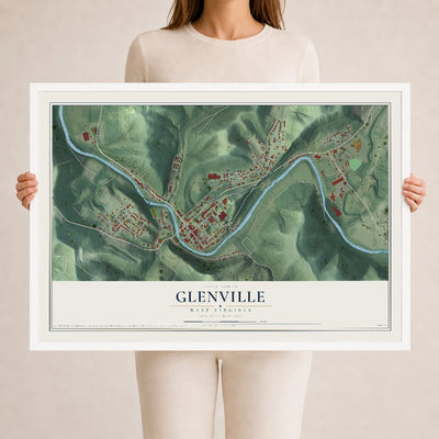 Map of Glenville, West Virginia, 24 x 36 inch print in a white wood frame