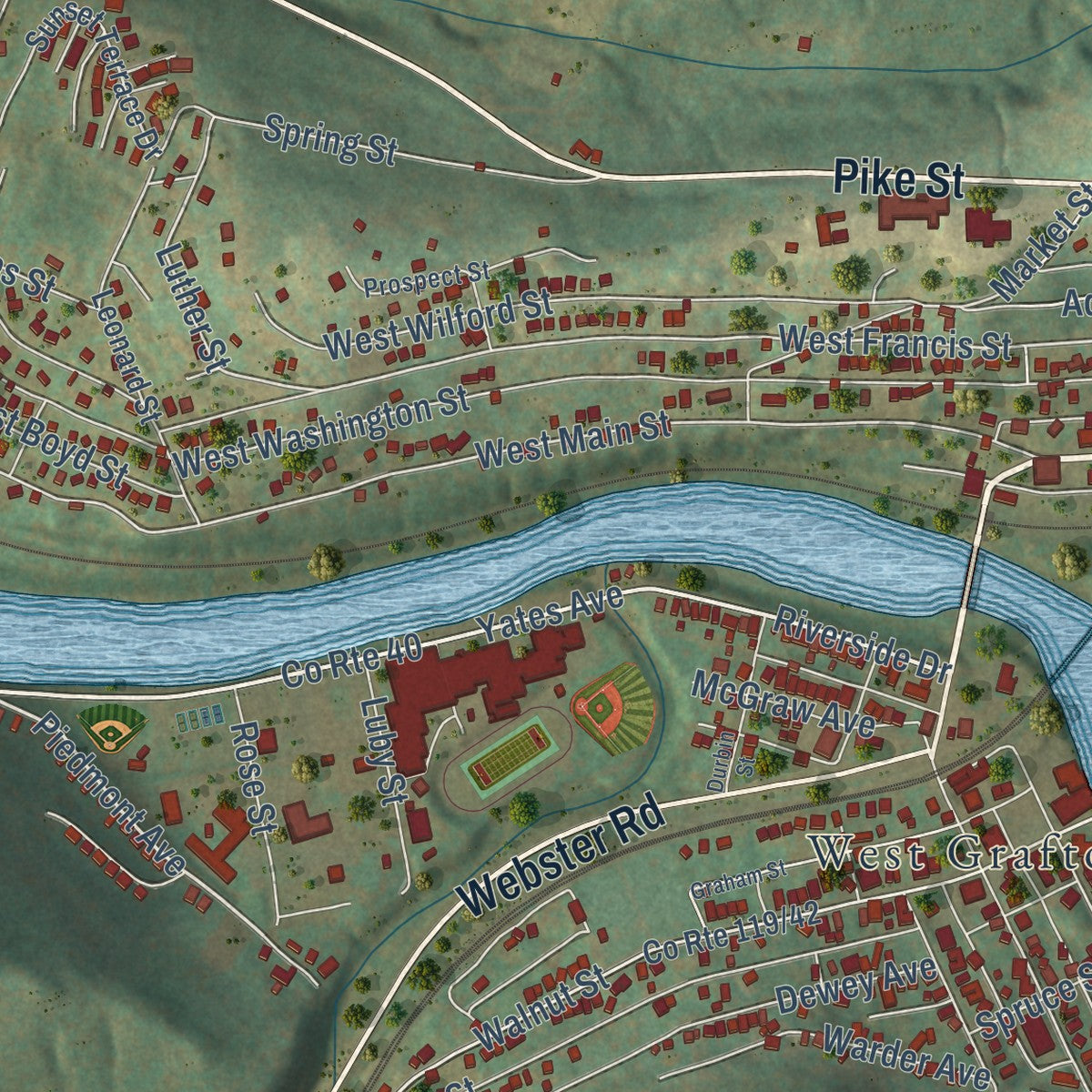 Close-up of the map of Grafton, West Virginia print showing street and building detail