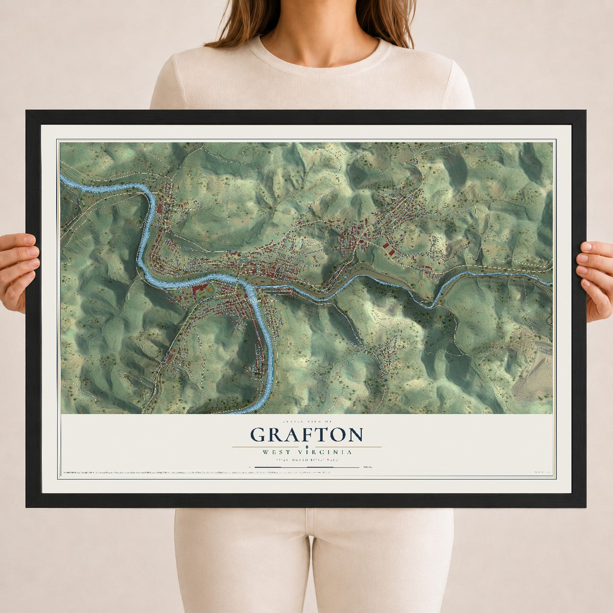 Map of Grafton, West Virginia, 18 x 24 inch print in a black wood frame