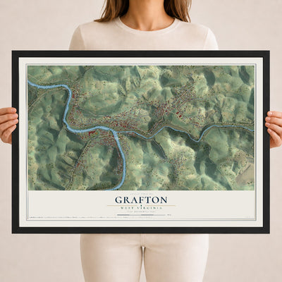 Map of Grafton, West Virginia, 18 x 24 inch print in a black wood frame