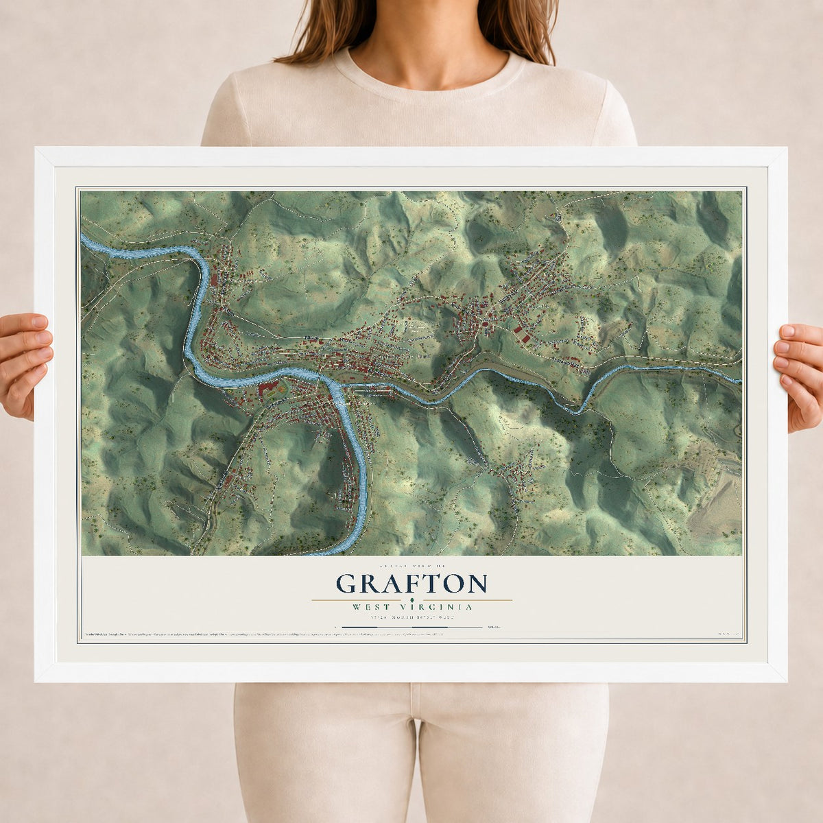 Map of Grafton, West Virginia, 18 x 24 inch print in a white wood frame