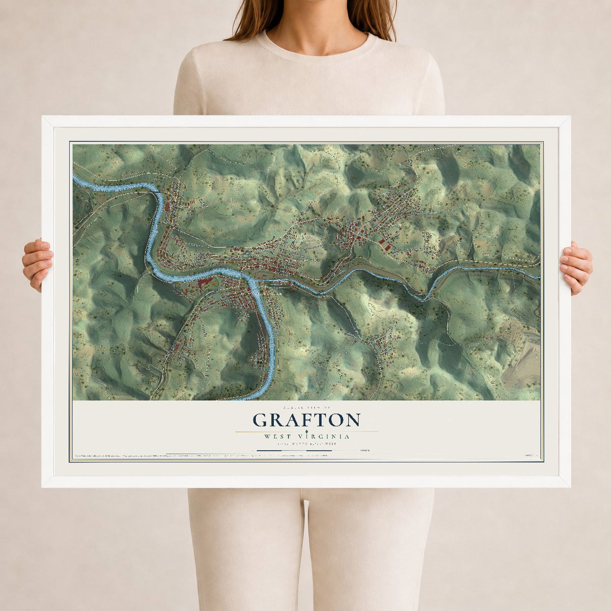 Map of Grafton, West Virginia, 24 x 36 inch print in a white wood frame