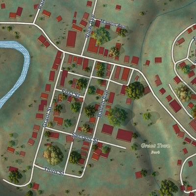 Close-up of the map of Grant Town, West Virginia print showing street and building detail