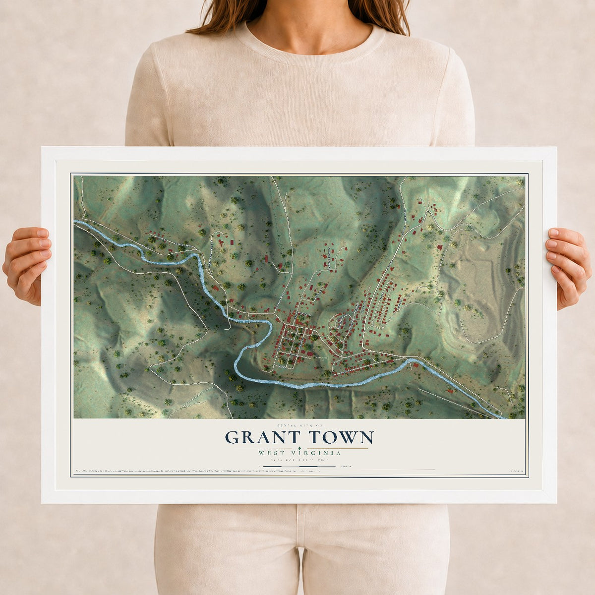 Map of Grant Town, West Virginia, 12 x 18 inch print in a white wood frame