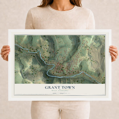 Map of Grant Town, West Virginia, 12 x 18 inch print in a white wood frame