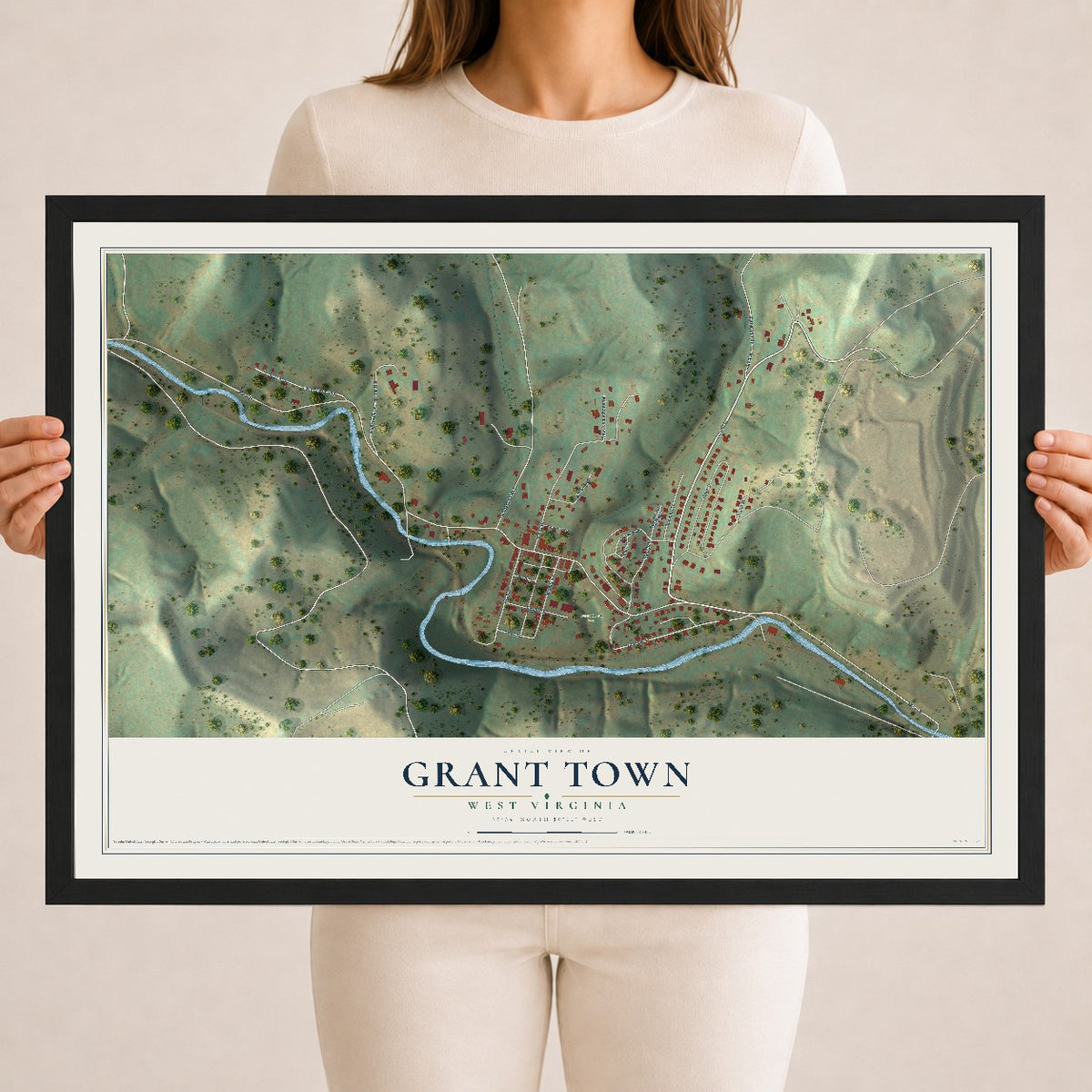 Map of Grant Town, West Virginia, 18 x 24 inch print in a black wood frame