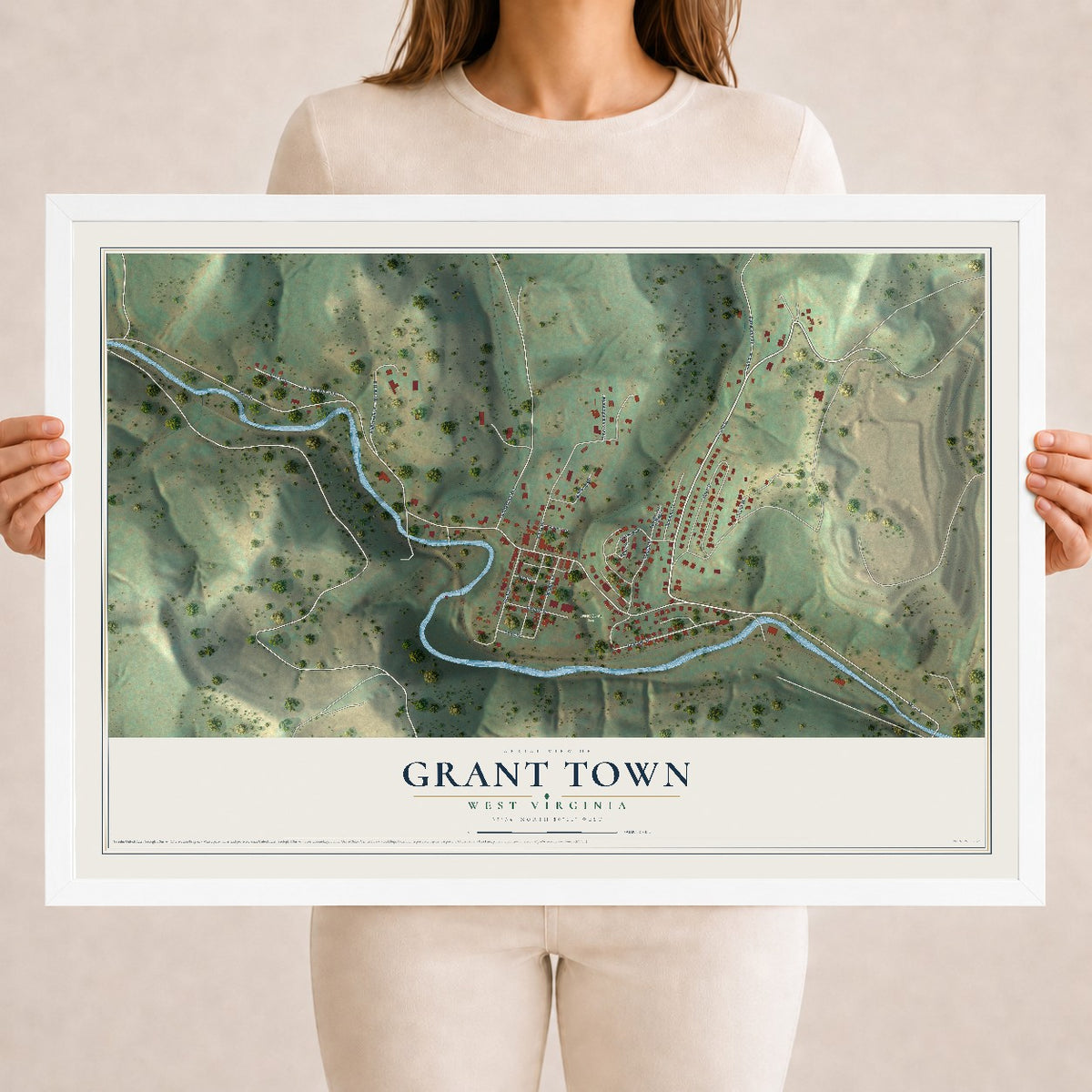 Map of Grant Town, West Virginia, 18 x 24 inch print in a white wood frame