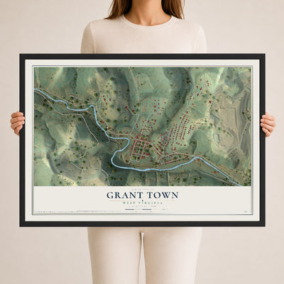 Map of Grant Town, West Virginia, 24 x 36 inch print in a black wood frame