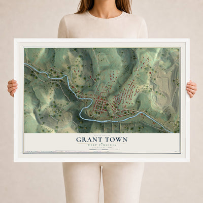 Map of Grant Town, West Virginia, 24 x 36 inch print in a white wood frame