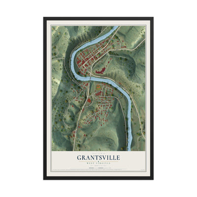 Map of Grantsville, West Virginia, 12 x 18 inch print in a black wood frame