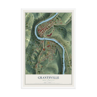 Map of Grantsville, West Virginia, 12 x 18 inch print in a white wood frame