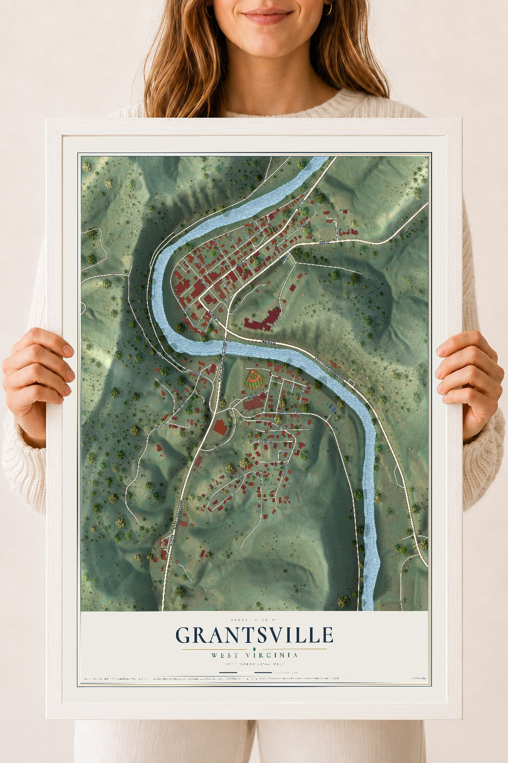 Map of Grantsville, West Virginia, 18 x 24 inch print in a white wood frame
