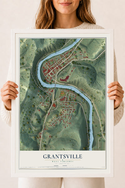 Map of Grantsville, West Virginia, 18 x 24 inch print in a white wood frame