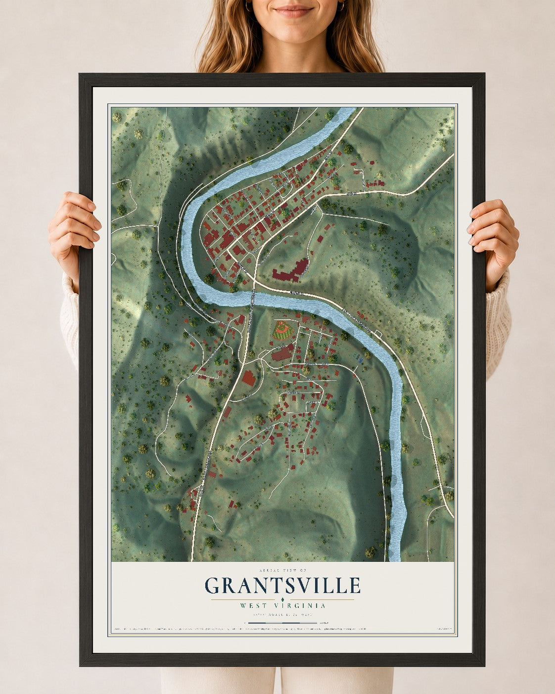Map of Grantsville, West Virginia, 24 x 36 inch print in a black wood frame
