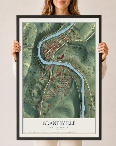 Map of Grantsville, West Virginia, 24 x 36 inch print in a black wood frame