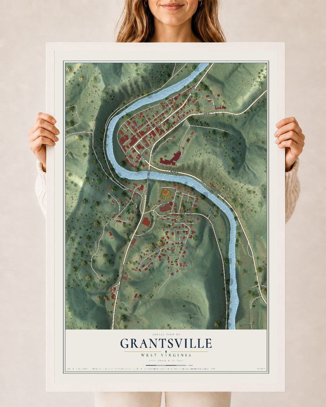 Map of Grantsville, West Virginia, 24 x 36 inch print in a white wood frame