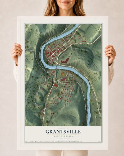 Map of Grantsville, West Virginia, 24 x 36 inch print in a white wood frame