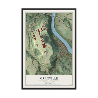 Map of Granville, West Virginia, 12 x 18 inch print in a black wood frame