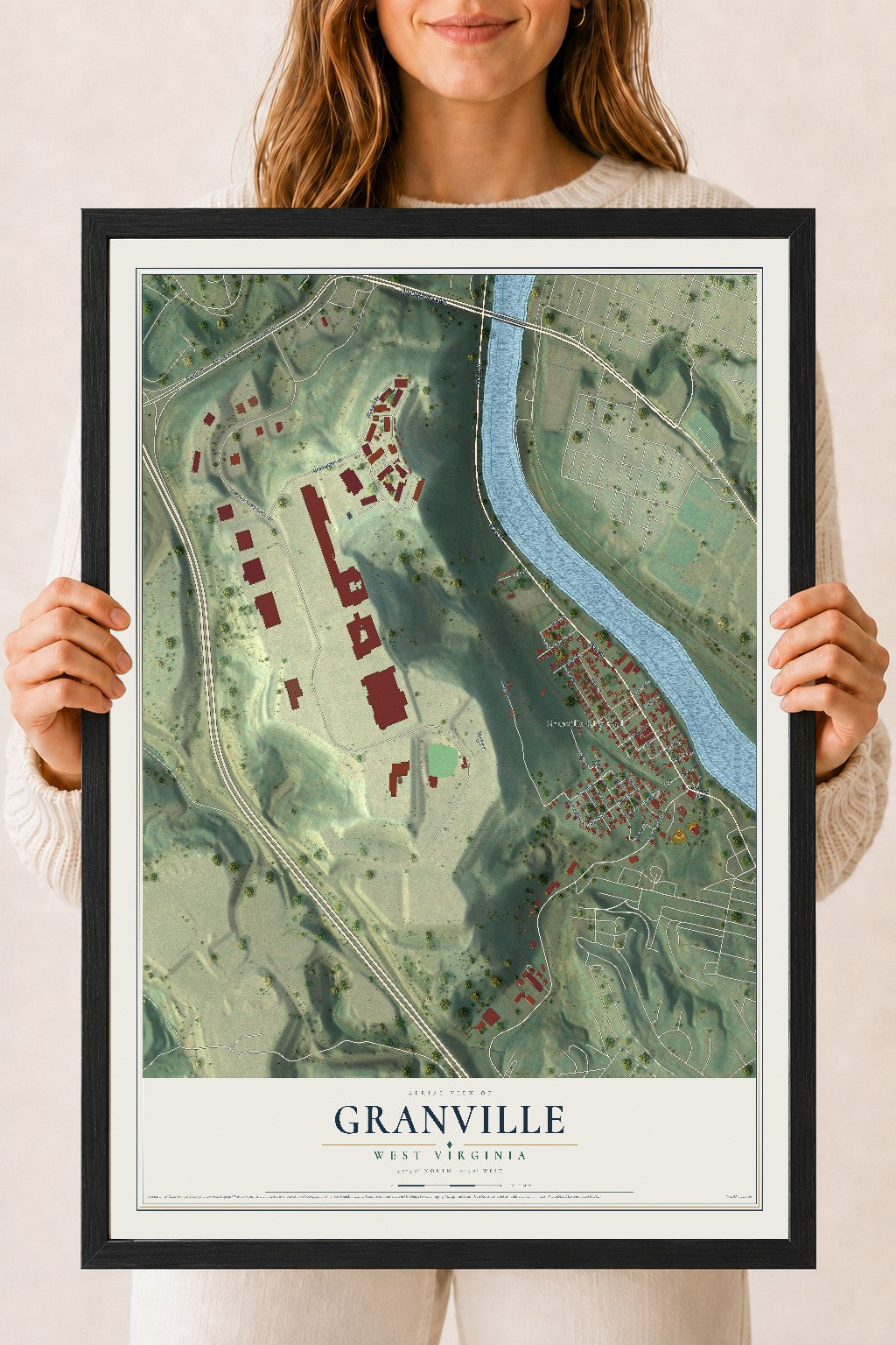 Map of Granville, West Virginia, 18 x 24 inch print in a black wood frame
