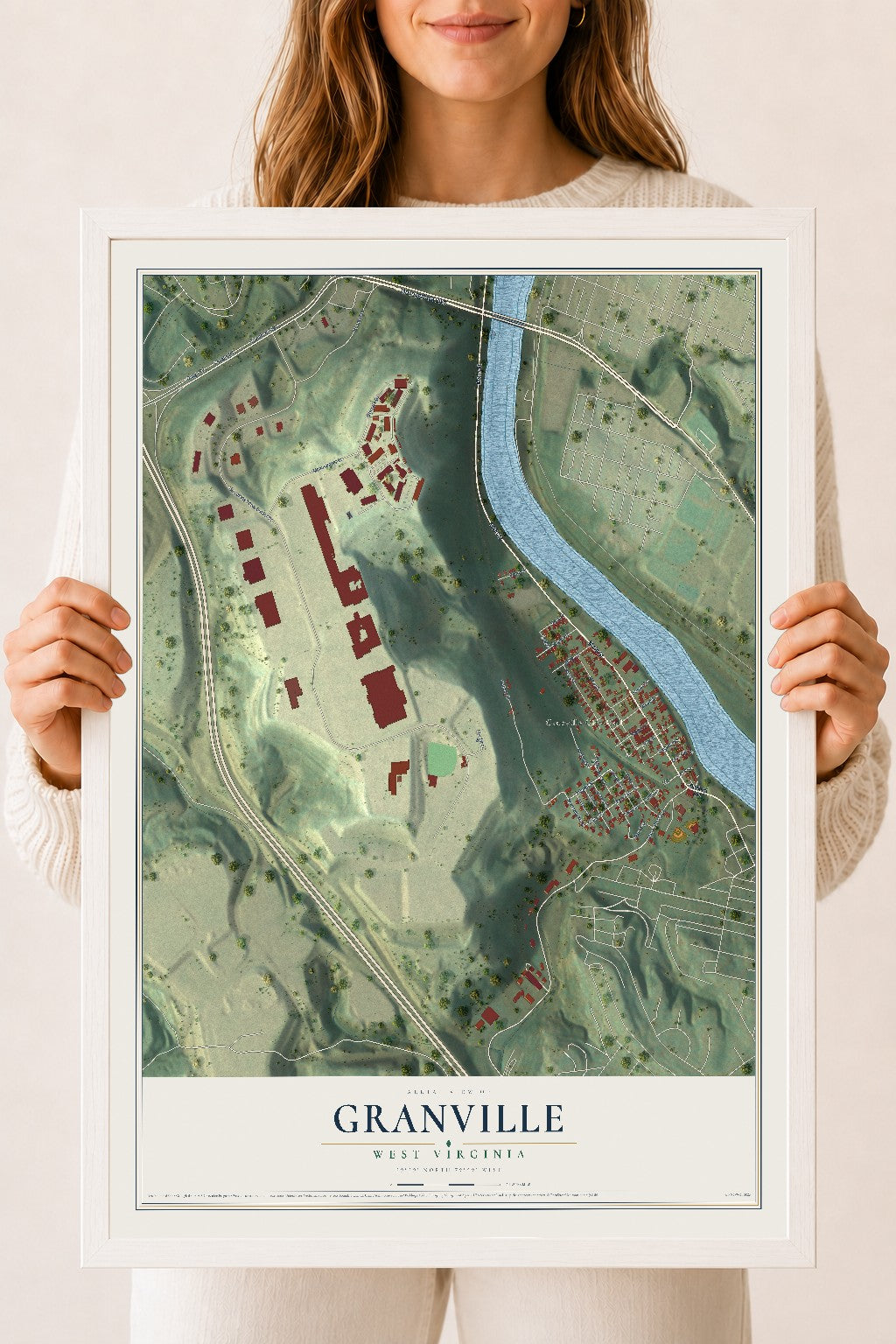Map of Granville, West Virginia, 18 x 24 inch print in a white wood frame