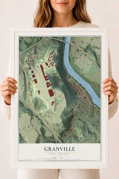 Map of Granville, West Virginia, 18 x 24 inch print in a white wood frame