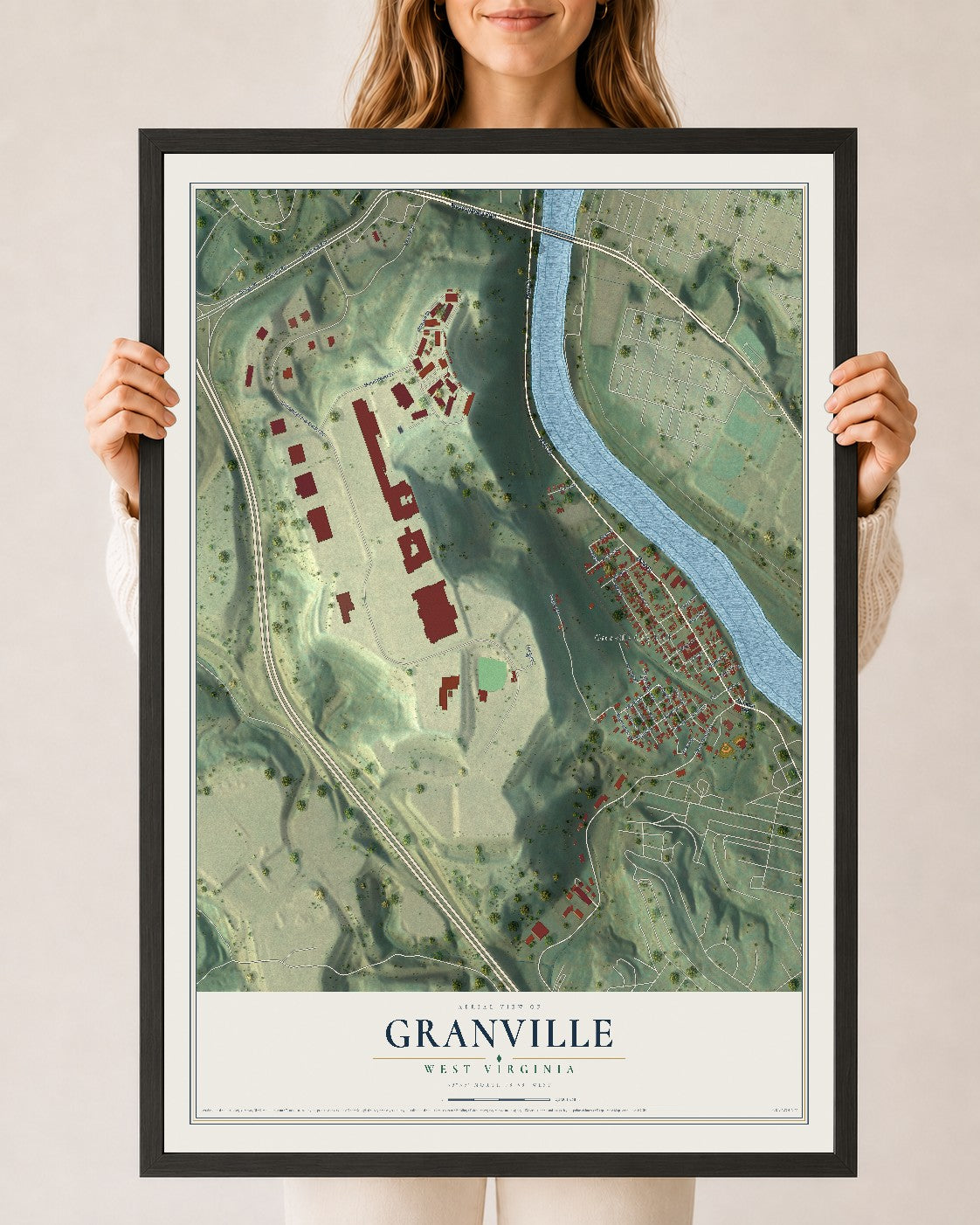 Map of Granville, West Virginia, 24 x 36 inch print in a black wood frame