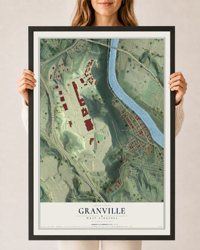 Map of Granville, West Virginia, 24 x 36 inch print in a black wood frame