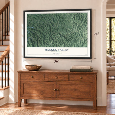 Hacker Valley, West Virginia map, 24 x 36 inch print in a black frame above a dresser by a staircase