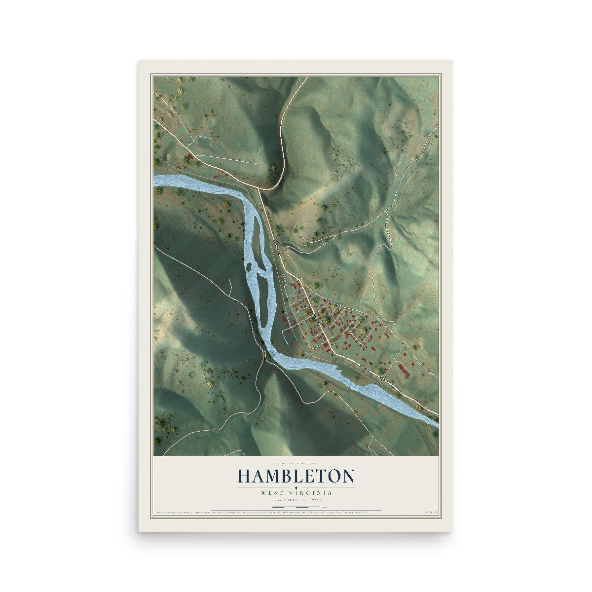 Map of Hambleton, West Virginia, 12 x 18 inch unframed archival matte print