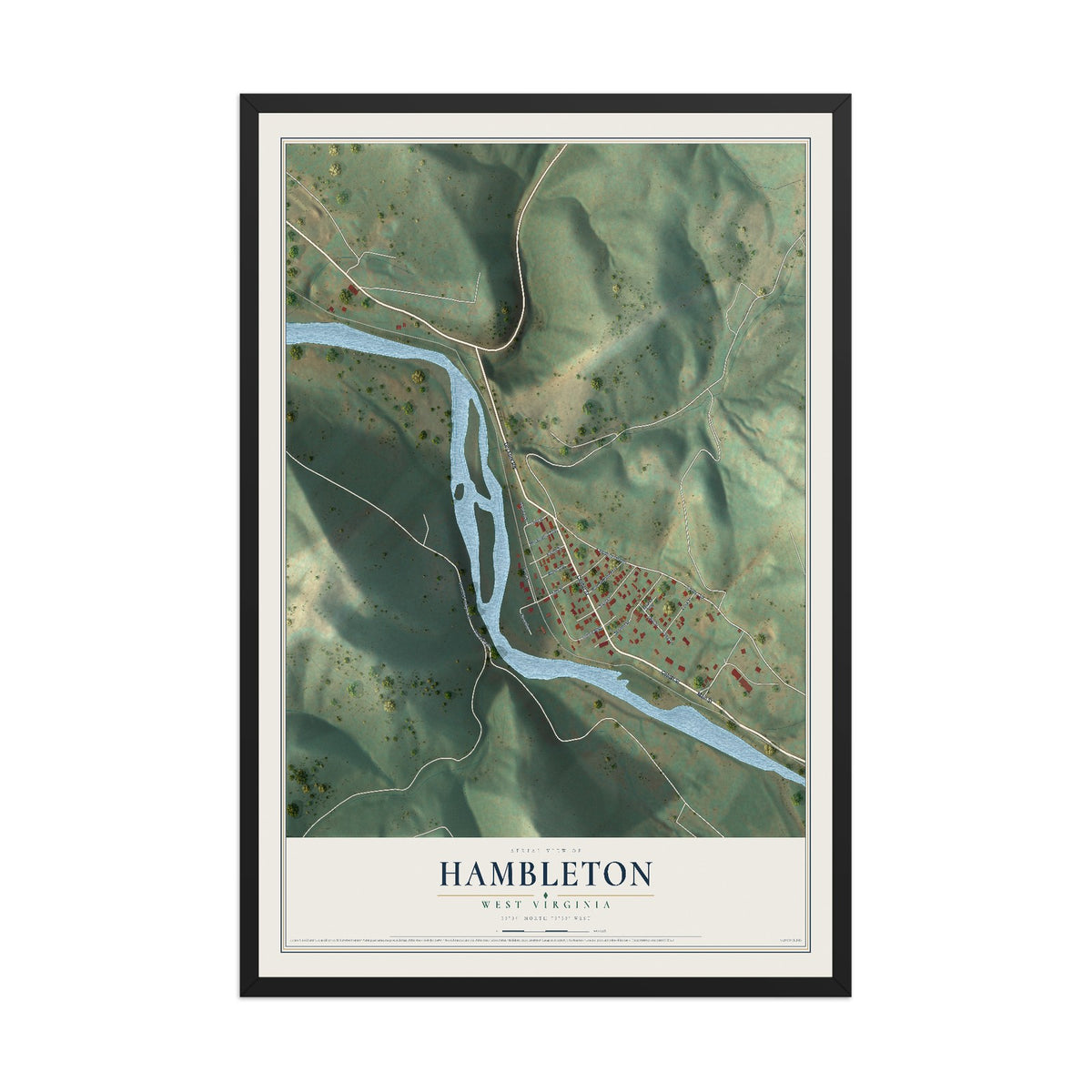 Map of Hambleton, West Virginia, 12 x 18 inch print in a black wood frame